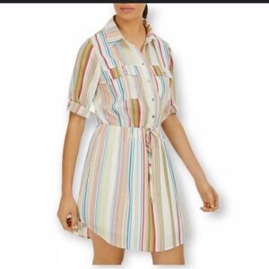 Bebop Be You Be Free Striped Drawstring Roll Tab Ivory Shirt Dress